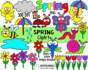 Spring ClipArt - Spring BUNDLE - Garden ClipArt - Spring Flowers - Hand Drawn Clipart - Weather ClipArt - Tulips - Cute Bug ClipArt - Frames