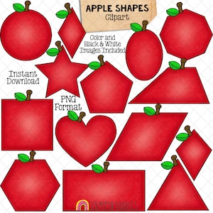 May include: A set of 11 red apple-shaped clip art images in various geometric shapes, including a circle, star, heart, square, pentagon, hexagon, diamond, and trapezoid. The images are in PNG format and include black and white versions.