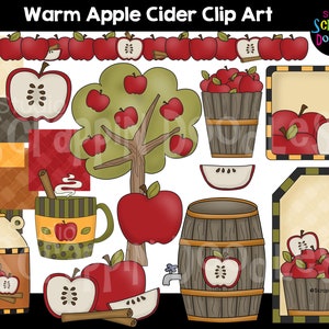 Op de afbeelding: Clipart-set met warme appelcider en herfstthema's. Bevat afbeeldingen van appels, kaneelstokjes, een mok cider, een vat, een boom en verschillende labels en randen.