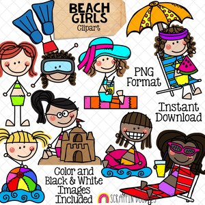 ClipArt strand - Doodle Girls at the Beach - Snorkelen voor kinderen - Zonnebaden - Zandkasteel bouwen - Zwemmen - Stick Figure Graphics - CU, png PNGEgg