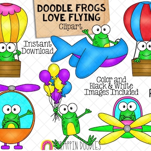 Les grenouilles aiment voler des cliparts - Doodle grenouilles, montgolfières - avions - grenouille en hélicoptère - grenouilles mignonnes - graphiques en sublimation