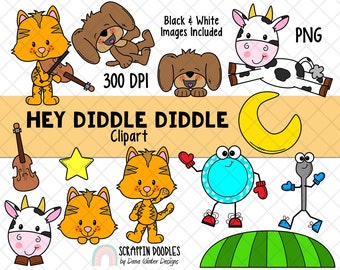May include: Clip art set featuring characters from the nursery rhyme "Hey Diddle Diddle". The set includes a cat playing the violin, a cow jumping over the moon, a dog, a dish running away with a spoon, a star, and a hill. The images are in a cartoon style with bright colors and black outlines.