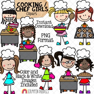 Clip Art de cocina - Doodle Girls in Chef Hats - Hornear - Mezclar - Masa rodante - Hacer galletas - Gráficos de figuras de palo - Uso comercial PNG