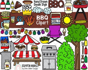 BBQ ClipArt -Barbecue Clipart - Picnic Clipart - Backyard Cookout - Summer Clipart - Grill Party Food - Hand Drawn PNG - Create A BBQ Scene