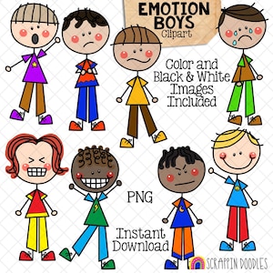 Emotion ClipArt - Doodle Boys Expression Clip Art - Expressions faciales - Heureux - Triste - En colère - Indifférent - Frustré - Usage commercial PNG