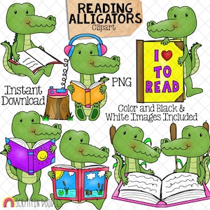 Alligator ClipArt - Alligators Reading Books Graphics - School - Commercial Use PNG
