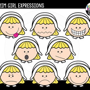 Pilgrim Girl Expressions Clip Art - Lindo uso comercial Imágenes Prediseñadas de Acción de Gracias, Expresiones, Emociones Clip Art {Scrappin Doodles Clipart}