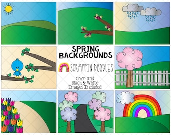 Puede incluir: Un conjunto de nueve fondos de primavera coloridos que presentan un arcoíris, un pájaro azul en una rama, un árbol rosa, un camino con tulipanes, un camino con árboles, una colina verde con un sol, una colina verde con una rama, una colina verde con nubes y lluvia, y una colina verde con una valla blanca. El texto "Spring Backgrounds" y "Scrappin' Doodles" está incluido en la imagen. Se incluyen imágenes en color y en blanco y negro.