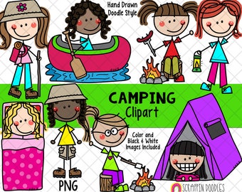 Camping Clipart - Doodle Girls Camping - Backpacking ClipArt - Hiking ClipArt - Campfire - Kids Summer Camp - Woodlands - Hand Drawn PNG