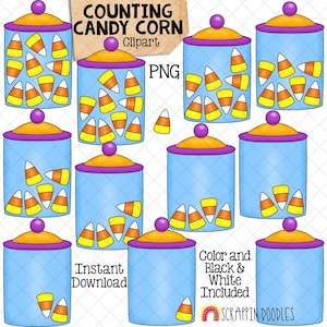 Counting Candy Corn ClipArt - Halloween Candies in Jar Counting - Seasonal Math Graphics - Commercial Use PNG