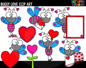 Buggy Love Valentine's Day Clip Art - Cute Commercial Use Valentine Love Bug Clipart - Valentine Graphics {Scrappin Doodles Clipart}