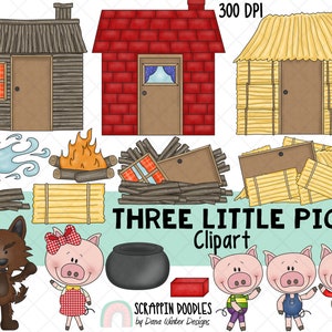 Clipart de los tres cerditos - Canción infantil - Gráficos de cuentos de hadas - Lobo feroz - Cuentos infantiles - Hora del cuento - 3 cerditos