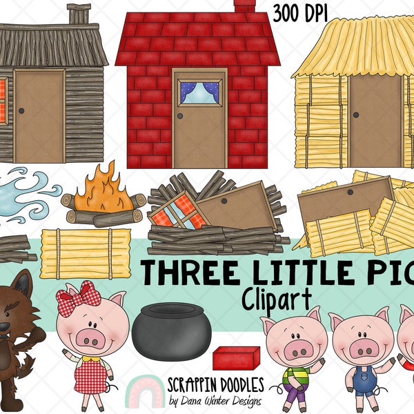 Trois petits cochons ClipArt - Comptine - Graphiques de conte de fées - Big Bad Wolf - Histoires pour enfants - Heure du conte - 3 Petits Cochons