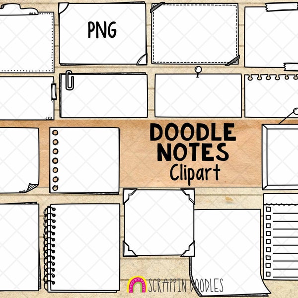 Doodle Notes ClipArt - Hand gekritzelte Sticky Notes - Schwarz-weiße Note Boxen Grafiken - Kommerzielle Nutzung PNG