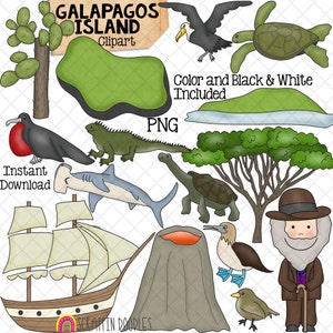 ClipArt delle Isole Galapagos - Charles Darwin - Tartaruga dal collo lungo - Sula dai piedi blu - Fringuello - Tartaruga marina - Fregata - Albatro - PNG