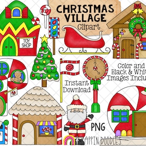 Christmas Village Clip Art - Christmas Town - Elf House - Candy Cane House - North Pole Land - Commercial Use PNG
