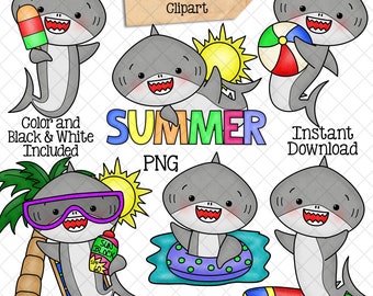 Imágenes prediseñadas de tiburones de verano - Imágenes prediseñadas de playa de tiburón gris - Tiburón bebé - Sublimación PNG de uso comercial