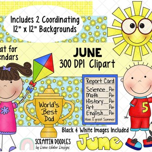 Calendario ClipArt - Tablón de anuncios de junio - ClipArt de junio - ClipArt del Día del Padre - ClipArt de vacaciones - Pegatinas digitales - ClipArt de verano - Fútbol
