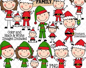 Christmas Stick Family Clip Art - Various Hair Colors - Stick Figures - Stick People Graphics - Family Christmas Card - Hand Drawn PNG