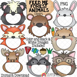 Feed Me Forest Animals ClipArt - Alimentazione a bocca aperta - Puzzola - Orso - Coniglio - Volpe - Scoiattolo - Alce - Procione - Gufo - Crea un gioco
