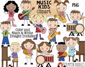 Music ClipArt - Kids Band Clip Art - Instruments - Piano - Guitar - Drum Set - Microphone - Commercial Use PNG - Hand Drawn