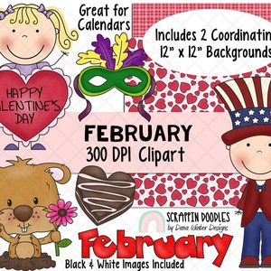Calendar ClipArt - February Bulletin Board - February ClipArt - Holiday ClipArt - Digital Stickers - Groundhog Day - Mardi Gras - Valentine