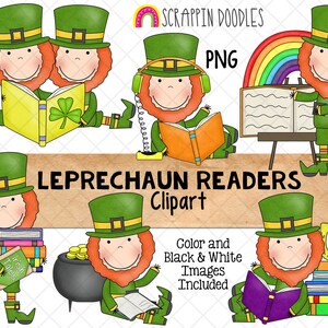 May include: Clip art set of leprechaun readers. The set includes a leprechaun reading a book, a leprechaun reading a book with a pot of gold, a leprechaun reading a book with a horseshoe, a leprechaun reading a book with a rainbow, and a leprechaun reading a book with a shamrock. The set also includes a black and white version of each image.