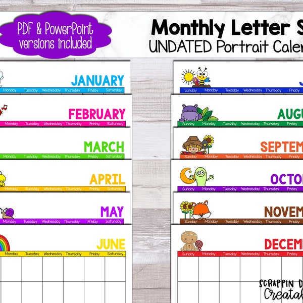 UNDATED Monthly Printable Calendar {Portrait Letter Sized} Power Point and PDF format. Different Theme Each Month {Scrappin Doodles}