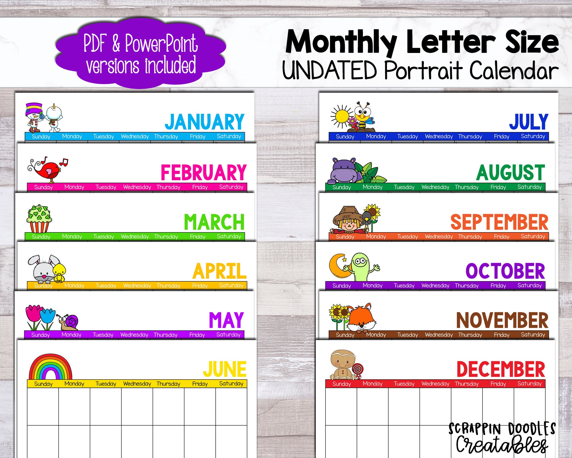 UNDATED Monthly Printable Calendar portrait Letter Sized Power Point and PDF Format. Different Theme Each Month scrappin Doodles - Etsy undated-monthly-printable-calendar-portrait-letter-sized-power-point-and-pdf-format-different-theme-each-month-scrappin-doodles-etsy