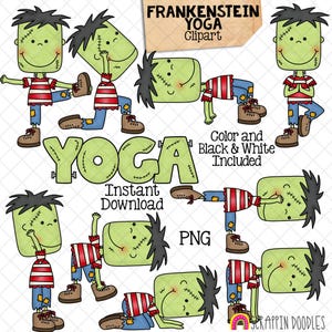 May include: Clip art set of Frankenstein monster characters in various yoga poses. The characters are green with black stitching, wearing red and white striped shirts and blue jeans. The text "FRANKENSTEIN YOGA" and "YOGA" are included in the image.