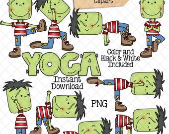 Frankenstein Yoga Clip Art - Halloween Stretching Clipart - Doing Yoga Poses - Commercial Use PNG Sublimation