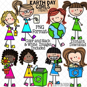 Imágenes Prediseñadas del Día de la Tierra - Doodle Girls - Cambio Climático - Niños Ambientales - Reducir Reutilización Reciclaje Gráficos - Ecológico - Dibujado a mano - CU PNG
