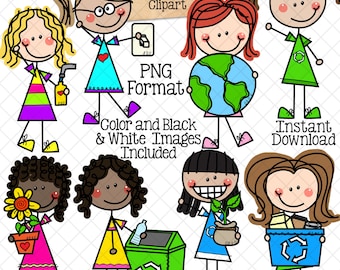 Earth Day Clipart - Doodle Girls - Climate Change -  Environmental Kids - Reduce Reuse Recycle Graphics - Eco Friendly - Hand Drawn - CU PNG