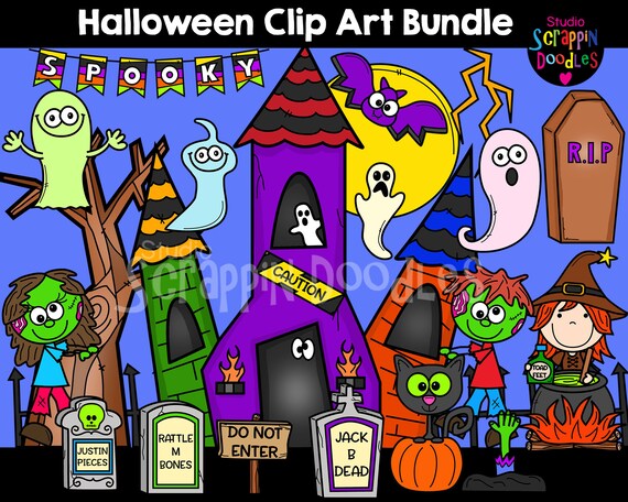 Halloween Cuties Clip Art Bundle Cute Haunted Houses Black Etsy