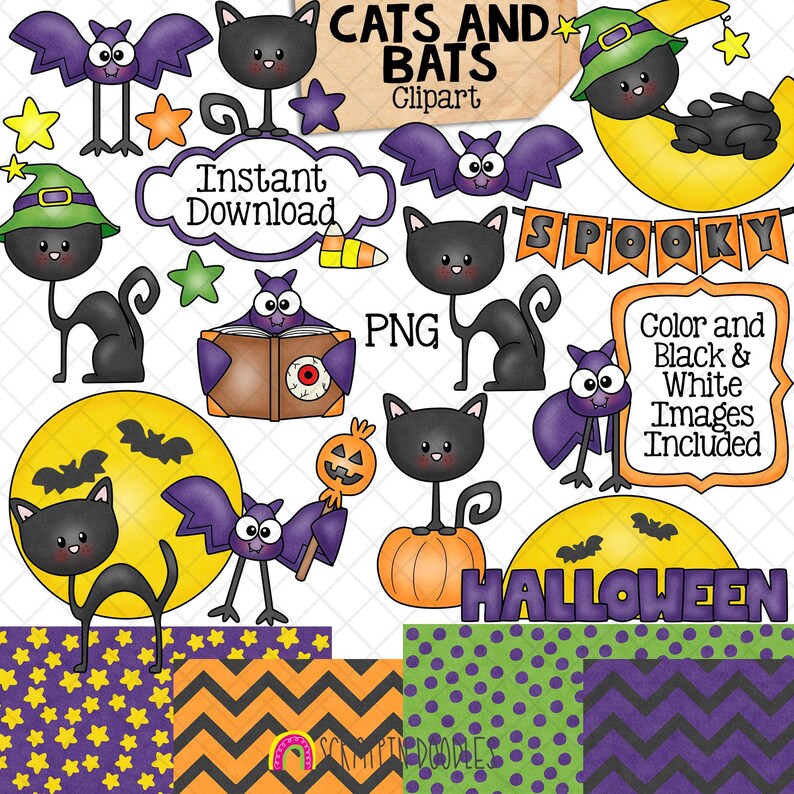 Cats & Bats Clipart - Halloween - Cute - Full Moon - Black Cat - Witch ...