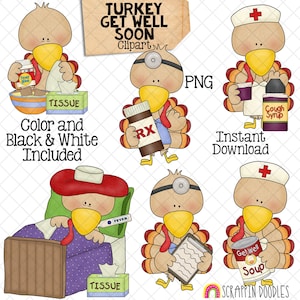 Clipart de peru - Fique bem logo Perus Clip Art - Gráficos de perus fofos de enfermeira e médico - Download instantâneo - Desenhado à mão PNG