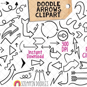 Doodle Arrows ClipArt - Graphiques de flèches noires et blanches dessinées à la main - Utilisation commerciale PNG