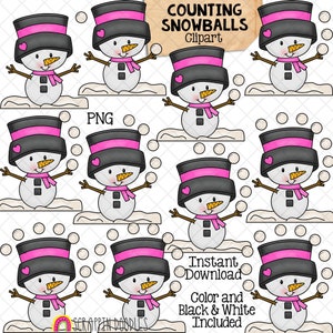 Räkna snöbollar ClipArt - Vintersnögubbe jonglera snöbollar räkna - Säsongsbetonad matematikgrafik - Kommersiell användning PNG
