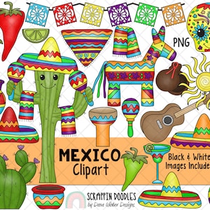 Mexico ClipArt - Cinco de Mayo ClipArt - Sugar Skull ClipArt - Calavera - Kaktus - Sombrero - Kastanetter - Mexikansk keramik - Pinata - Maracas