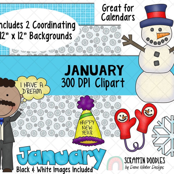 Calendar ClipArt - January Bulletin Board - January ClipArt - Holiday ClipArt - Digital Stickers - Winter ClipArt - Martin Luther King