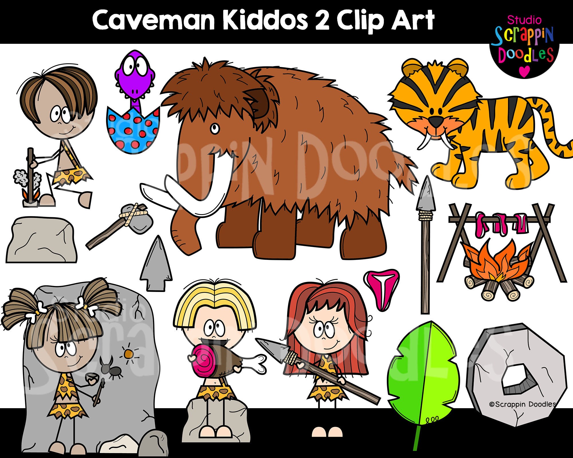 Caveman Kiddos 2 Clip Art Cute Cavemen Cavewomen Etsy