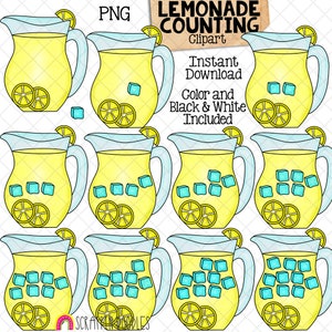 May include: Nine illustrations of yellow pitchers of lemonade with blue ice cubes. Each pitcher has a different number of ice cubes, from one to nine. The illustrations are in color and black and white. The text "Lemonade Counting Clipart" is at the top of the image. The text "Instant Download" is below the title. The text "Color and Black & White Included" is below the download text.