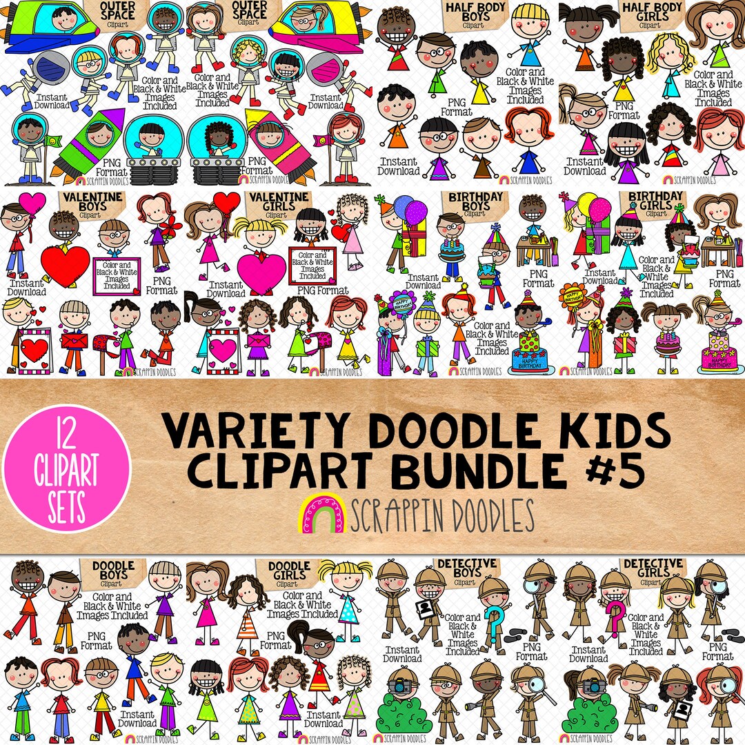 Doodle Kids Clipart Bundle 5 - Doodle Boy and Girl Bundle 5 - Outer ...