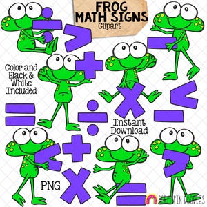 May include: Clip art set of frog characters holding different maths symbols. The symbols are purple and include plus, minus, multiply, divide, equals, greater than, less than, and a question mark. The text "FROG MATH SIGNS" and "Clipart" is at the top of the image. The text "Color and Black & White Included" is on the left side of the image. The text "Instant Download" is in the middle of the image. The text "PNG" is on the bottom left of the image.