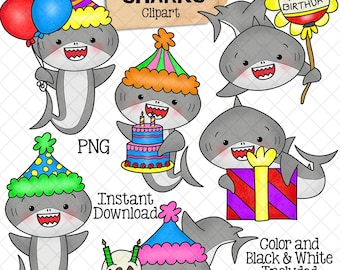 Verjaardag haaien illustraties - grijze haai Clipart - feest - taart - cadeaus - feest - babyhaai - commercieel gebruik PNG-sublimatie