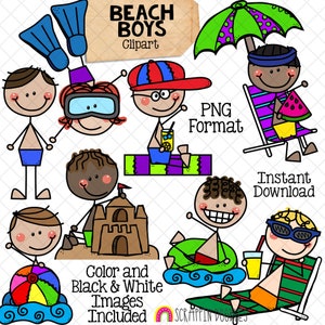 Beach Clip Art - Doodle Boys at the Beach - Kids Snorkeling - Sun Bathing - Building Sand Castle - Swimming - Stick Figure Graphics - CU PNG
