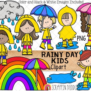 Rain ClipArt - Rainy Day Kids Clip Art - Puddle - Umbrella - Rain Drops - Weather Clouds - RainCoat - Commercial Use PNG Clip Art