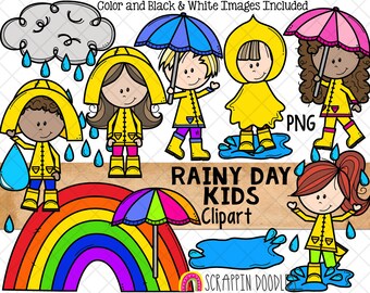 ClipArt di pioggia - ClipArt per bambini di giorno di pioggia - Pozzanghera - Ombrello - Gocce di pioggia - Nuvole meteorologiche - Impermeabile - Uso commerciale PNG Clip Art