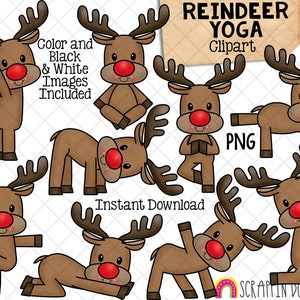 Rentier Yoga Clip Art - Weihnachten Rudolph Stretching Clipart - Yoga Posen - Kommerzielle Nutzung PNG Sublimation