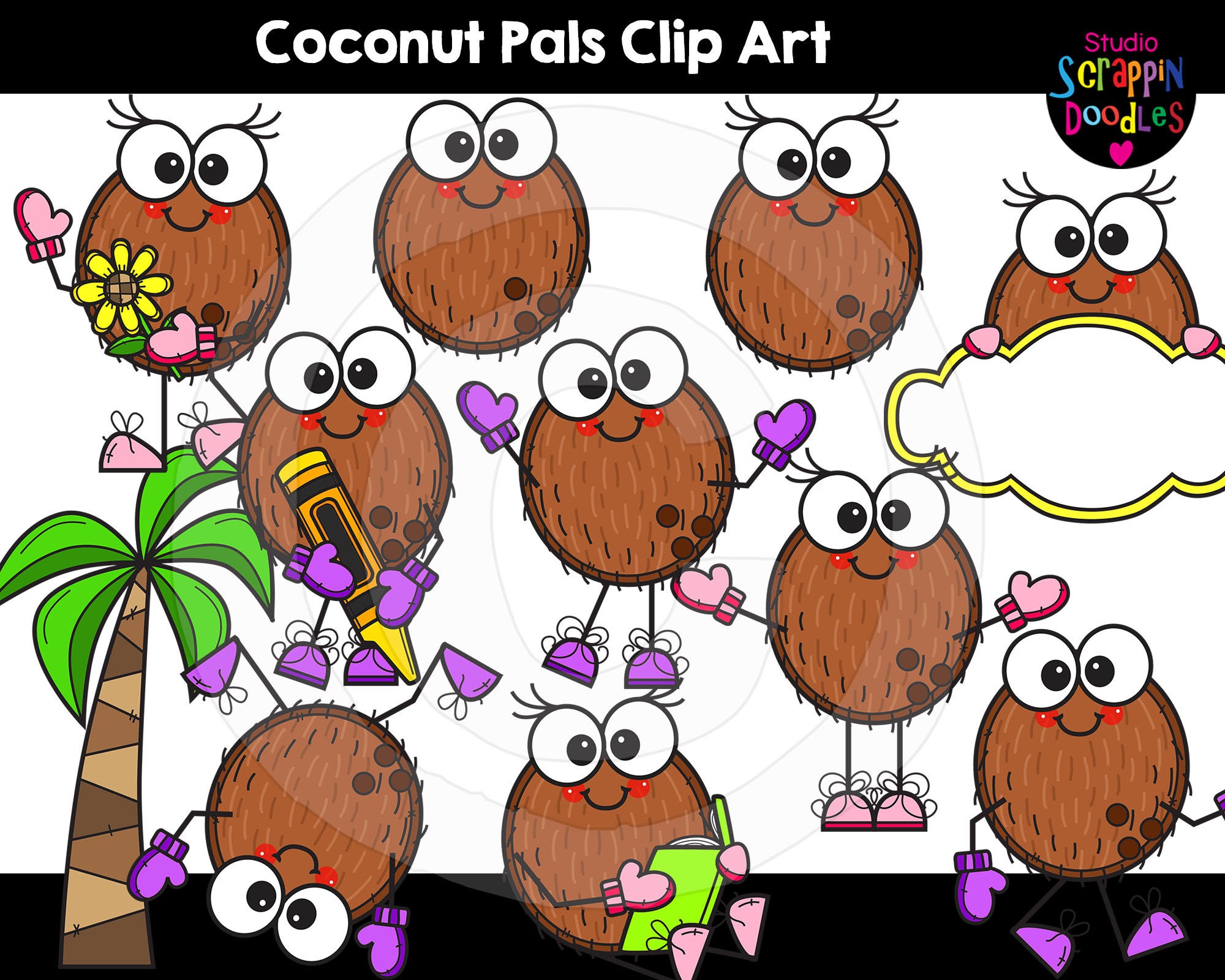 Coconut Pals Clip Art Cute Commercial Use Coconut Clipart, Coconut Graphics  scrappin Doodles Clipart - Etsy